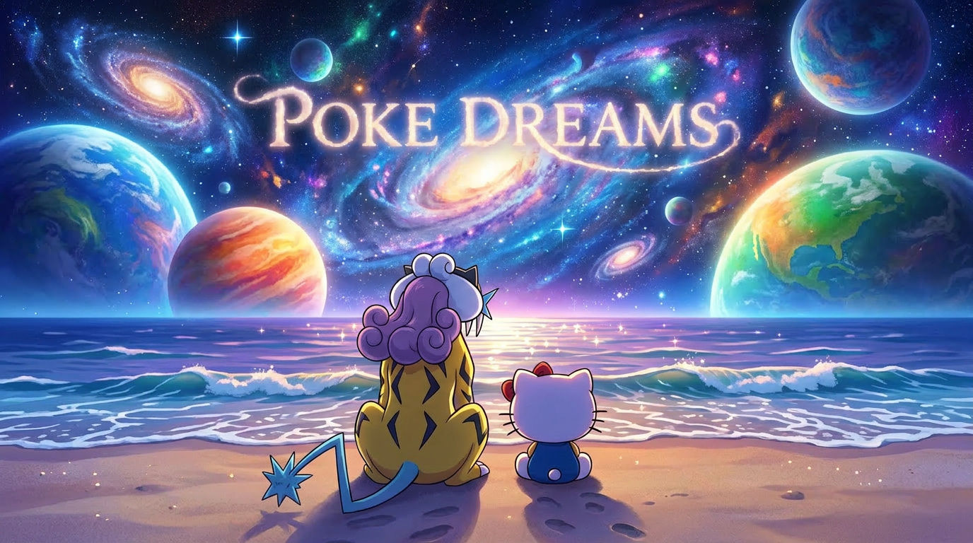 Poke Dreams galaxy beach scene with two characters watching a cosmic sunset
